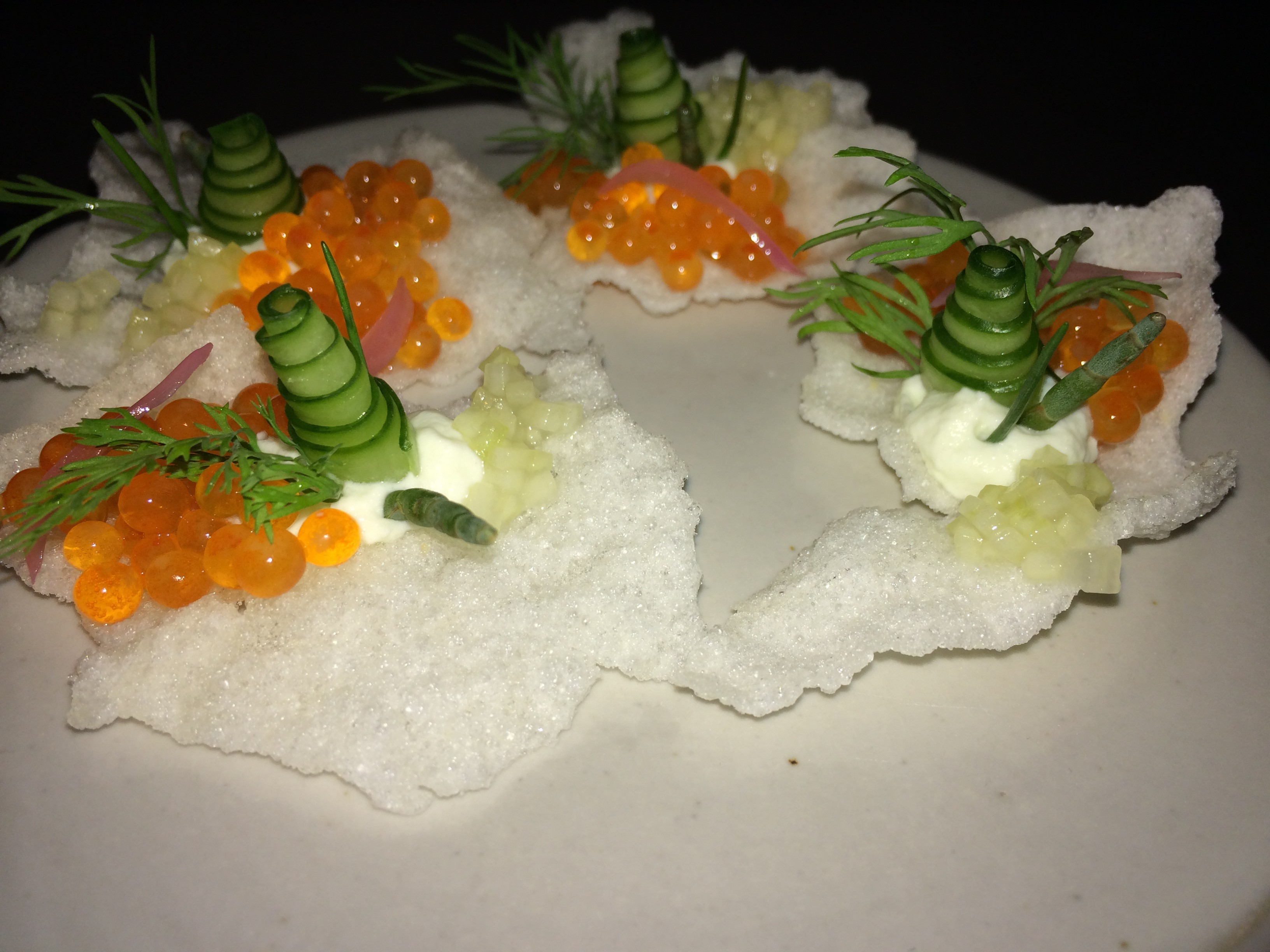 Trout Roe on Puffed Rice with Cucumber