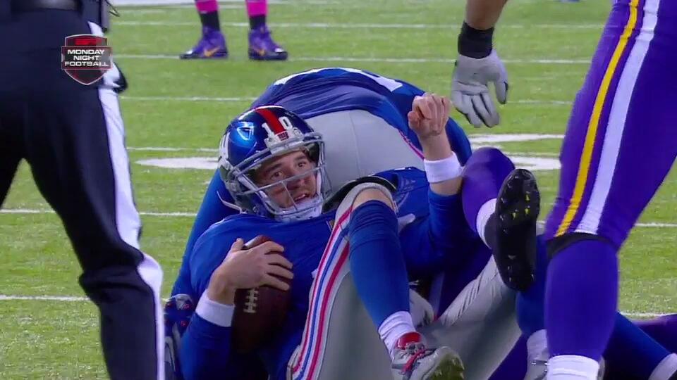 NY Giants Quarterback, Eli Manning, being Sacked for the 30th Time in 2013