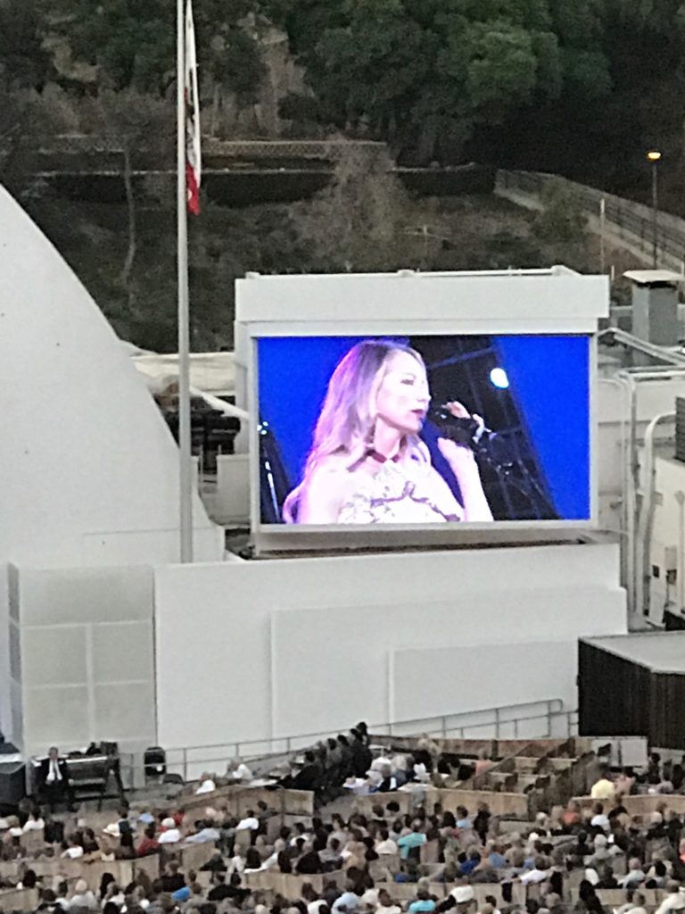 Image is of performer Jewel singing on one of the large outdoor viewing screens. Concertgoers are seated below.
